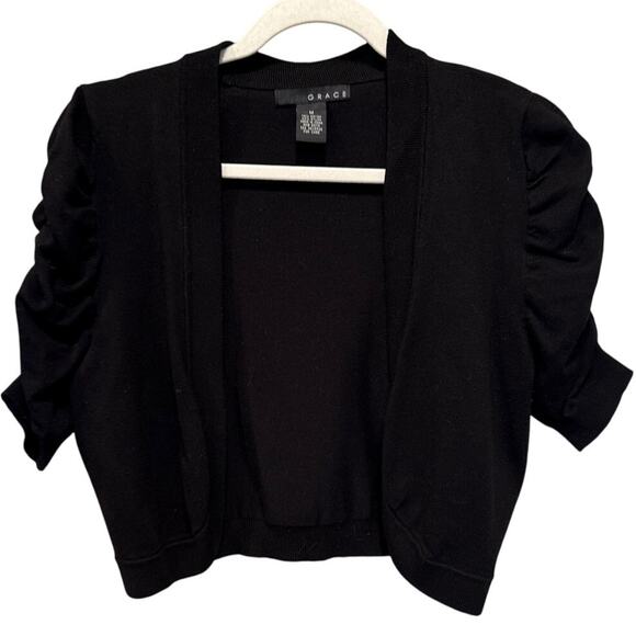 Womens Cropped Open Front Cardigan Bolero Shrug Medium Whimsy Ruched Sleeves - Picture 1 of 6